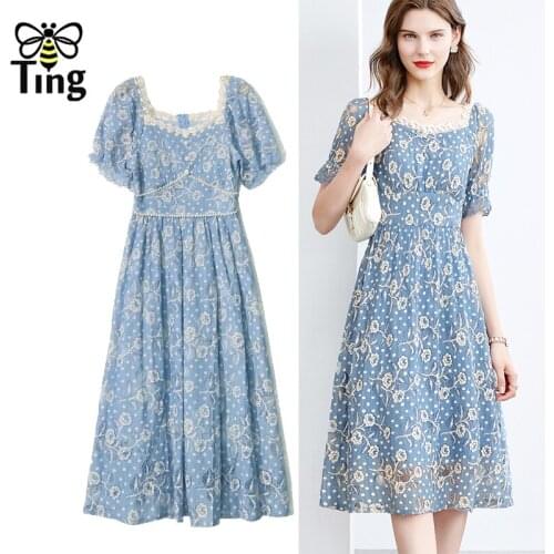 Tingfly Vintage Elegant Rose Flower Lace Blue A Line Dresses Lace Patchwork Beading Casual Dress Vestidos Robes Plus Size Traf