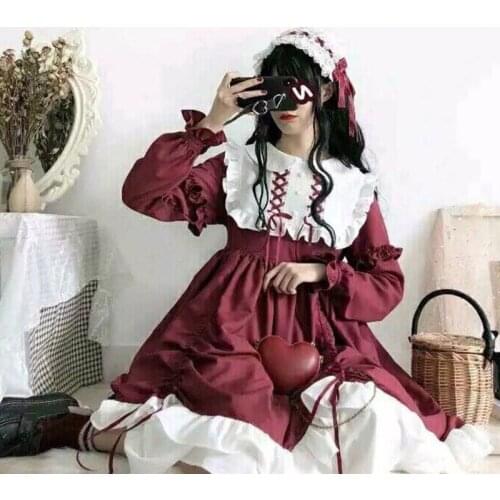 Japanese Sweet Lolita Dress Women Kawaii Victorian Party Long Sleeves Lace Gothic Girls Lolita Dresses Halloween Cosplay Costume