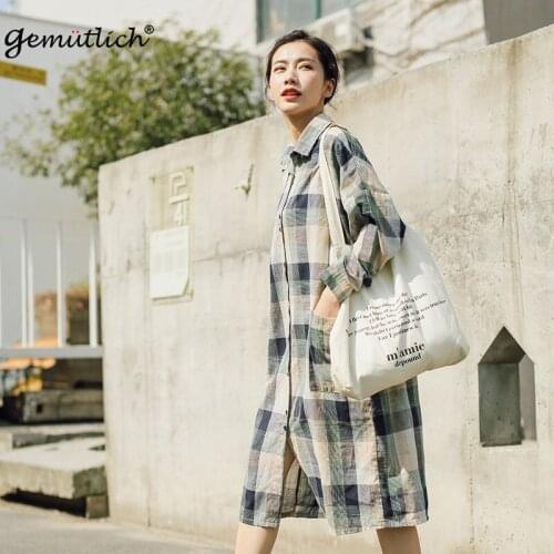 GEMUTLICH Over Size Women Plaid Long Blouse Linen Cotton Shirts Turn-down Collar Long Sleeves Loose Cardigan Vintage