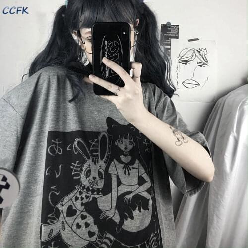 Summer Gothic Clothes Cartoon Anime T Shirt for Women Harajuku Emo Punk Short Sleeve O-Neck Tops Grunge Cyber Y2K Aesthetic