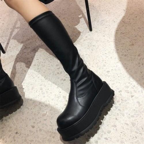 2021 New Women Mid-calf Boots Slim Fit Elastic Sock Boots Thick Sole Platform Shoes Woman Soft Leather Botas Mujer Autumn Flats