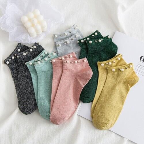 Woman Funny Cotton Socks 1 Pair Spring Summer Funny Black Pink Ankle Socks Woman Pearl Boat Korea Low Tube Casual Female Socks