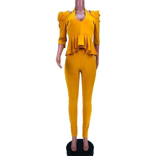 Womens Suit Outfit Set Woman 2 Pieces Clothing 2021 Trouser Tops Suits Urban Pants Female Autumn Puff Sleeve Ruffle 8071