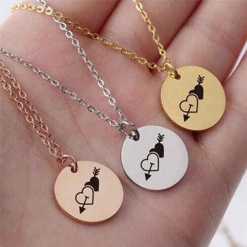 Stainless Steel Round Simple Fashion Romantic One Arrow Pierced Heart Pendant Necklace for Women