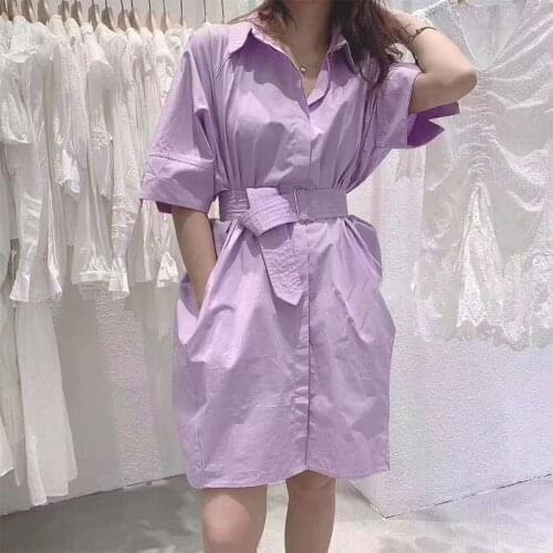 Woman Summer Shirt Dress Ete 2021 Short Sleeve Mini Dresses White Kpop Clothes Vestidos De Mujer Casual Belted Skirt