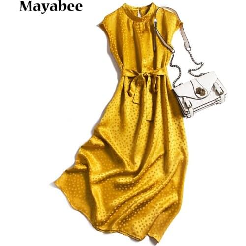 Golden Mulberry Silk Satin Jacquard Sleeveless Silky Silk Dress Spring Summer 2021 Ladies Party Dress