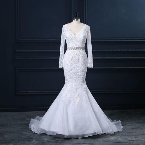 White Ivory V Neck Long Sleeve Mermaid Wedding Dress Appliques Beaded Belt Bridal Gowns Vestidos de novia 2021 ButtonCustom