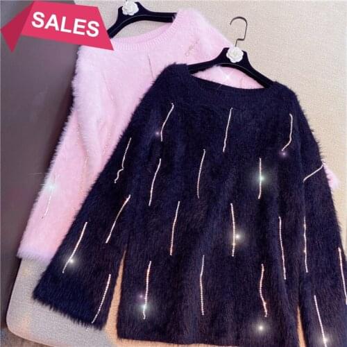 Winter net red same foreign style loose lazy geomantic drill tassel sweet show thin mink wool sweater
