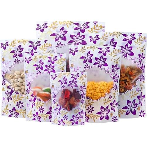 100pcs Stand up Purple Flower Window Zip Bag Resealable Snack Nuts Dried Fruits Gifts Heat Sealing Fridge Fresh Taste Pouches