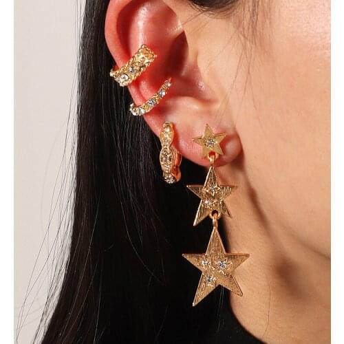 2021 Fashion Cute Rhinestone Gold Color Star Clip Earrings For Women No Piercing Fake Cartilage Statement Korean Earring Gifts