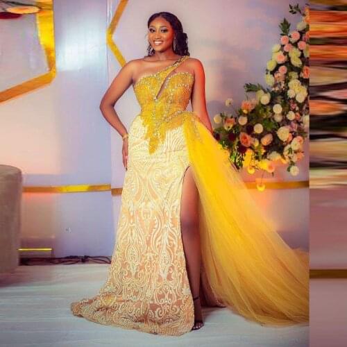African One Shoulder Lace Prom Dresses Aso Ebi Side Split Mermaid Evening Dress With Crystals Plis Size Party vestidos de fiesta