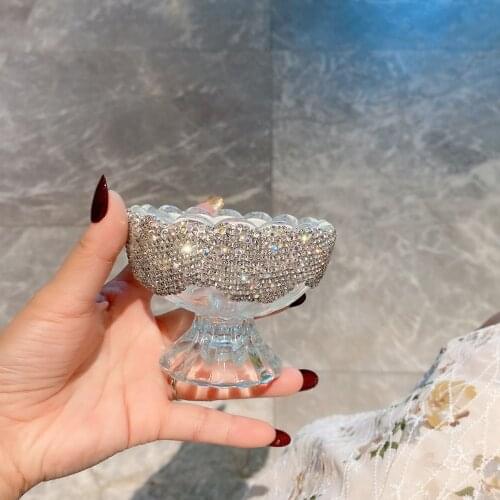Sparkling Dessert Cup Inlay Rhinestones Small Glass Cocktail Bowl for Ice Cream Fruit Salad Luxury White Dish Bowls Wedding Gift
