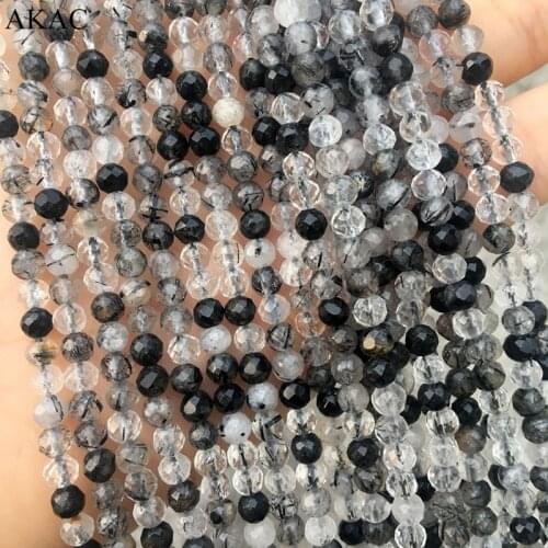 3strands Natural black rutilated quartz approx4mm faceted loose beads 15.5inches for diy making bracelet necklace
