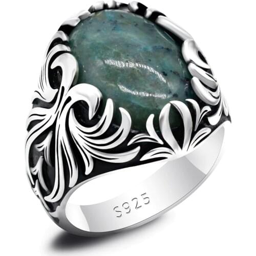 Pure 925 Sterling Silver Mens Ring with Big Natural Phoenix Stone Punk Vintage Rings Turkish Handmade Gemstone Jewelry Gift