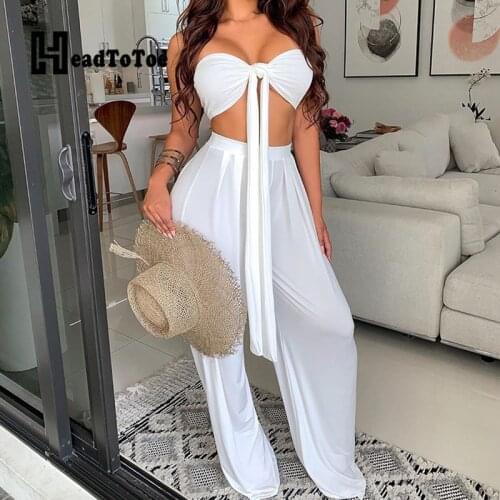 Solid Draped Lace Up Navel Sexy Fashion 2 Piece Set Women Strapless Loose Pleated Two Piece Outfits Woman