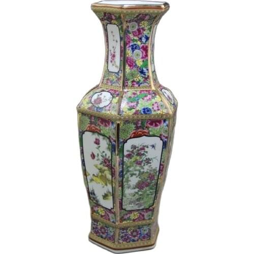 Chinese old porcelain Enamel Hexagonal Peony Mandarin Duck Vase