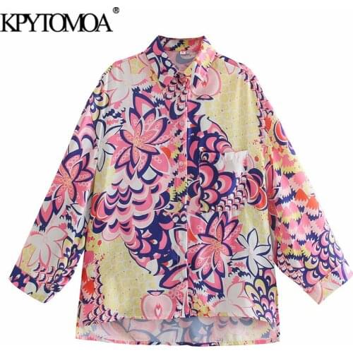 KPYTOMOA Women 2021 Fashion With Pocket Totem Print Loose Blouses Vintage Long Sleeve Button-up Female Shirts Blusas Chic Tops