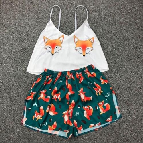 Animal Cartoon Print Lovely Sleepwear Home Suit Summer V Neck Sexy Pyjamas Women Spaghetti Strap Loose Pijama Satin Femme Cat