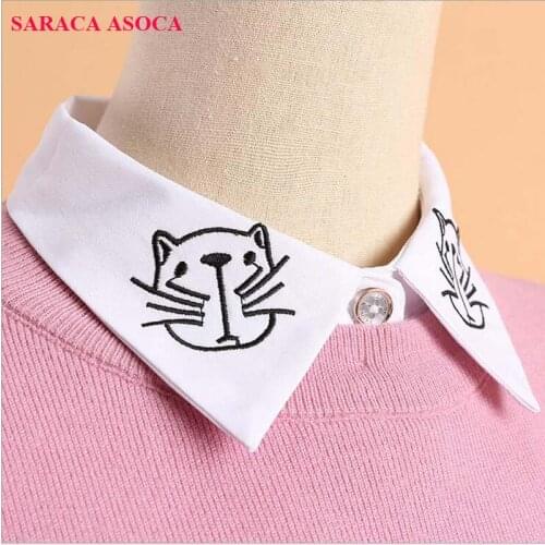 Fashion Embroidery White Shirt Detachable Collars Women All-Macth Sweater Print Cat Fake Collar For Girls B159
