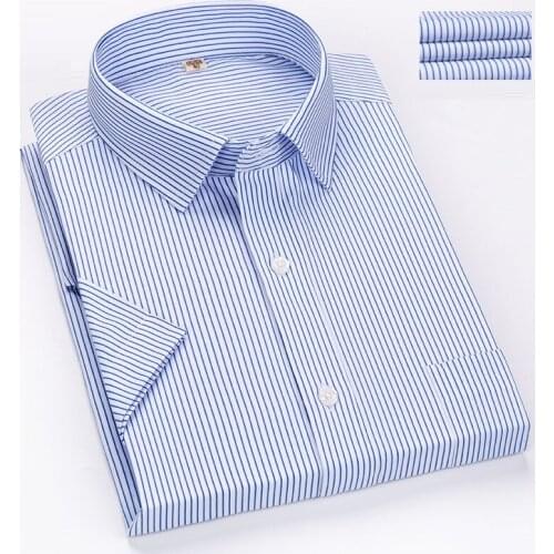Mens Plaid Striped office Shirt Front Patch Chest Pocket Regular-fit Button-down Collar short sleeve Shirts asian size