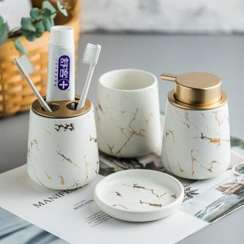 Marble Pattern Tray Bathroom Decoration Kit Ceramic Bathroom Accessories Set Ceramic Toothbrush Holder Brushing Kit Mouth Cup