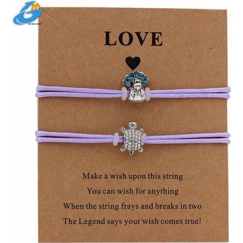 DGW 2pcs Set Peacock&tortoise Charm Adjustable Bracelet Silver Color Cute Animal Making Wish Jewlry for Girl Bestfriend Women