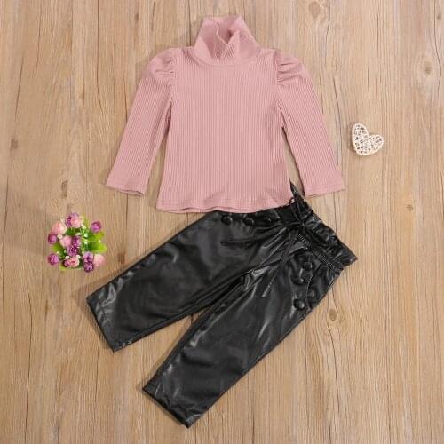 2-7Y Kids Casual Outfits Toddler Girls Girls Ribbed Long Sleeve High Collar Pullover + Leather Pants with Pockets 2pcs Sets