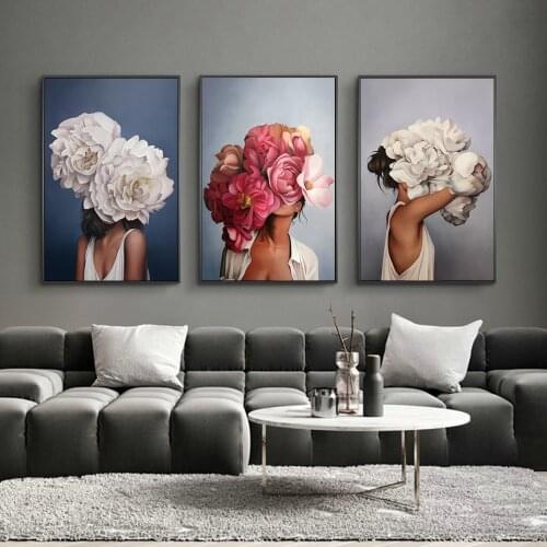 Nordic Flowers Head Woman Canvas Paintings On the Wall Art Posters And Prints Feather Girls Wall Pictures Home Decoration Cuadro