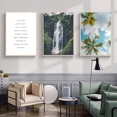 Modern Landscape Canvas Painting Waterfall Coconut Tree Nature Wall Art Poster Scandinavian Decoration Picture Living Room Decor