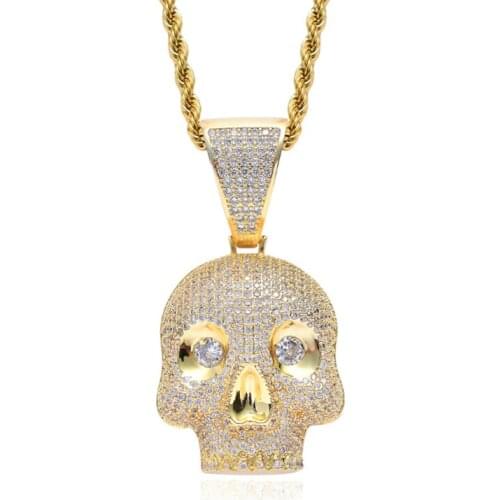 Rhinestone Necklace Ice Out Cubic Zircon Skull Pendant Hip Hop Gold Silver Color Men Charm Chain Jewelry