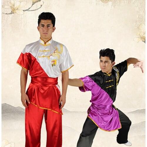 Unisex Double Colors Taiji Short Sleeve Clothing Embroidered Dragon Wushu Clothes Competition Show Changquan Jacket + Pants