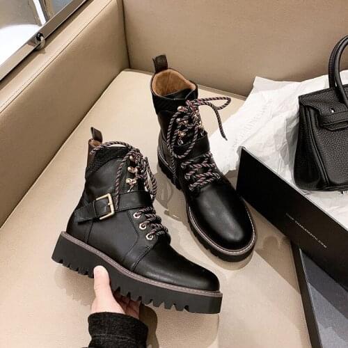 Osunlina Thick Bottom Ankle Boots 2020 Autumn Lace-up Genuine Leather Buckle Strap Decoration Boots For Women Shoes A015