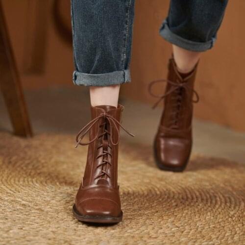 2021 Winter Boots Women Square Toe Chunky Boots New Fall Shoes Women Split Leather Women Boots Solid Black/Brown Shoes for Women