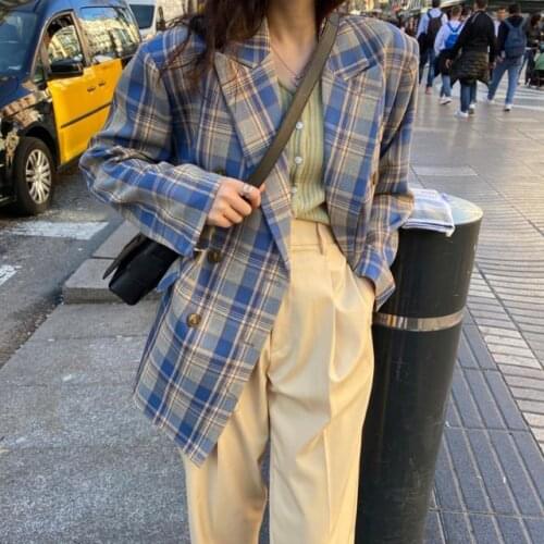 Vintage Loose Women Plaid Blazer 2020 Autumn Chic Double Breasted Female Long Sleeve Suit Jackets Stylish Ladies Blazer