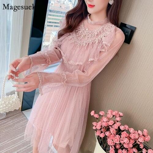Spring Summer Mesh Dress Women Elegant Party Pink White Midi Dress Female Long Sleeve Casual Office Ladies Dresses Vestido 12030