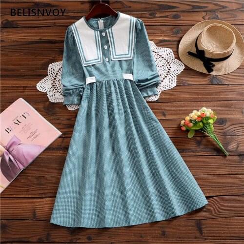 2021 Mori Girl Spring Autumn Women Dress O-Neck Patchwork Plaid Elegant Dress Long Sleeve Feminine Chic Sweet Dress With Sashes