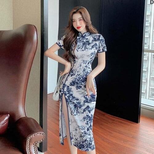 Summer Vintage Blue Cheongsam Sexy Lady Mid Long Vestidos High Split Short Sleeves Printing Asian Dress Orientale Elegant Skirts