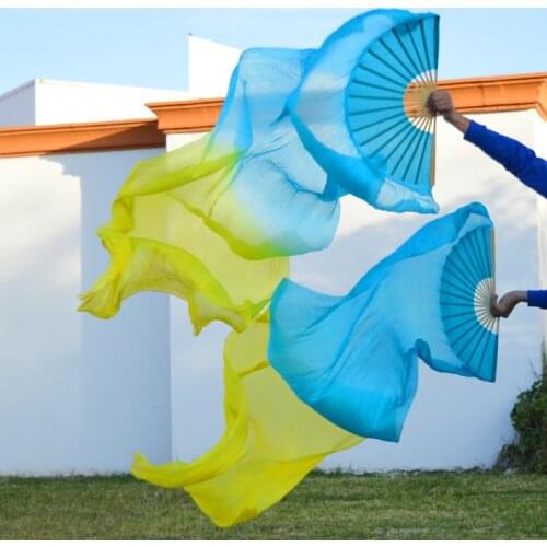 2016 High selling 100% Real Silk Veils 1 Pair handmade women Quality Silk Belly Dance Fan Dance turquoi yellow 180*90 cm