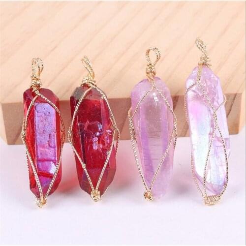 1pc Crystal Natural Big Druzy Transparent Wire Necklace Quartz Necklace Pendant Stone Pillar Pendants Pendants Handmade Wrapped