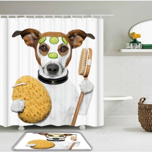 2pc Funny Cute Cat Dog Animal Printed Shower Curtain Set Bath Curtains Polyester Waterproof + Bathroom Non-slip Floor Mat Rug