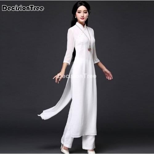 2021 folk style aodai dress+pants set vietnam chiffon aodai floral elegant ao dai dress oriental dress cheongsam dress