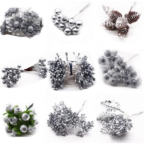 6/10/12/20/24/200pcs Silver Mixed Hybrid Flower Cherry Stamen Berries Bundle DIY Cake Christmas Wedding Gift Box Wreath Decor
