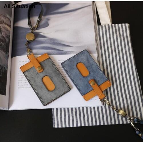 Luxury ID Badge Case For Office Work Genuine Leather Luggage Tag Identity Bus Card Holder Retractable Lanyard Easy Pull Keychain