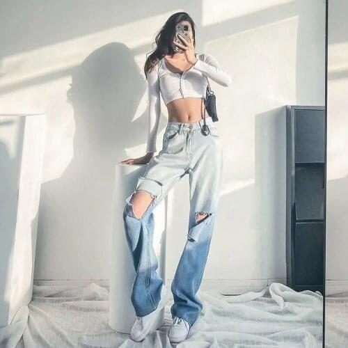 Women Loose Style Jeans Blue Gradient Color High Waist Straight-Leg Trousers Unique Style Fashionable And Charming Daily XS-XXL