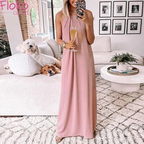 Flokocloset Summer Sleeveless Halter Maxi Dress Women Party Sundress Causal Beach Dress Solid Color Long Dresses