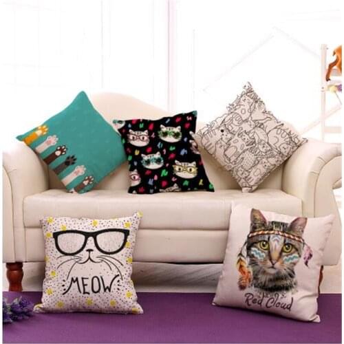 Cotton Linen Square 18" Cartoon Cute Cat Pattern Sofa Throw Pillow Cushion Cover for Car Seat Home Bedroom Decorative