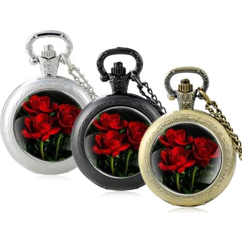 Classic Charm Rose Flower Design Glass Cabochon Quartz Pocket Watch Vintage Men Women Black Pendant Necklace Chain Hours Clock