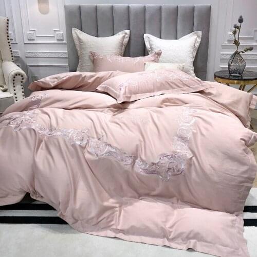 New Pink Luxury Solid 100S Egyptian cotton Embroidery Bedding sets Queen King Royal Duvet cover Bed sheet set Pillowcases 4pcs
