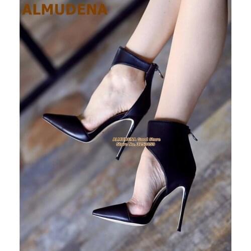 ALMUDENA Black Matte Leather Pointed Toe Dress Shoes High Top Cut Zipped Thin High Heels Concise Prom Party Shoes Size47