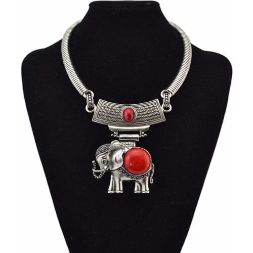 New Vintage Elephant Pendant Neckalces for Women Bohemian Blue Red Stone Necklace Festival Party Gypsy Tribal Jewelry Gift